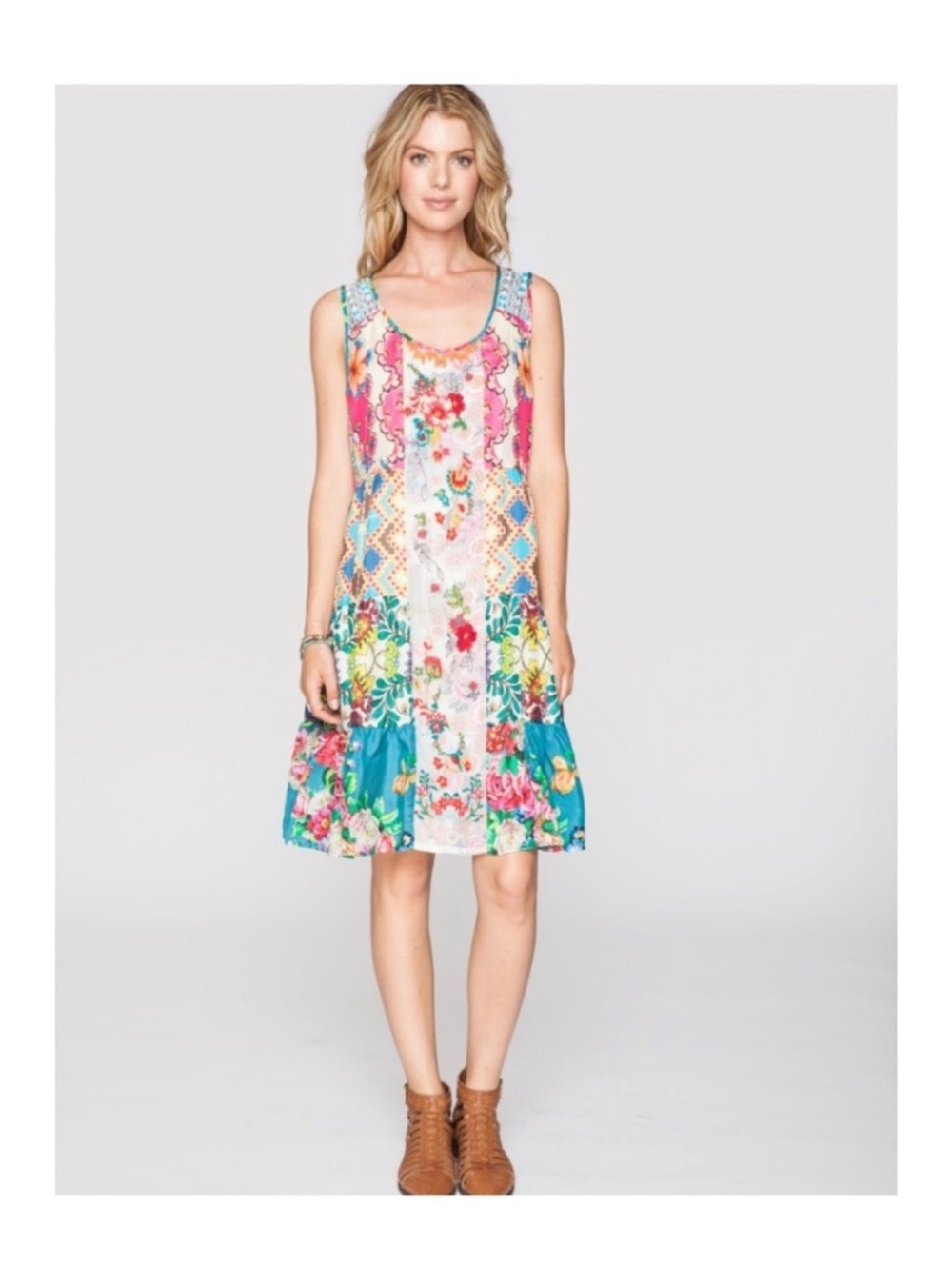Johnny Was Sunshine Silk Embroidered Floral Dress Size S